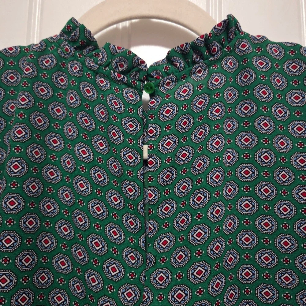 Maison dAmelie Paris Green Geometric Print Mock Neck Ruffle Blouse Long Sleeve M - Picture 6 of 9